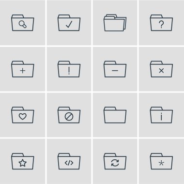 16 klasör simgeleri vektör Illustration. Komut dosyası, eksi, sabitlenmiş ve diğer öğeleri düzenlenebilir sürüsü.