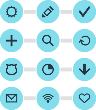 12 üye simgeler vektör Illustration. Kalkan, karikatür, Büyüteç'i ve diğer öğeleri düzenlenebilir paketi.