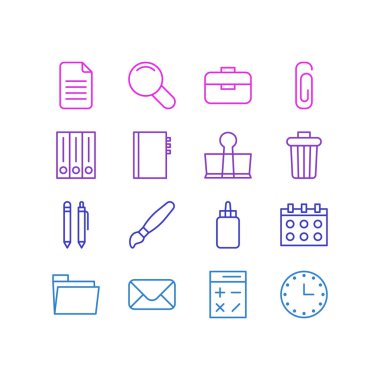 16 Kırtasiye simge vektör Illustration. Klasör, kalem, dosya ve diğer öğeleri düzenlenebilir paketi.