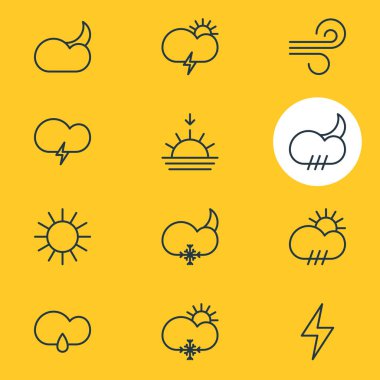 12 atmosfer simgeler vektör Illustration. Güneşli düzenlenebilir paket, bulut, yıldırım ve diğer öğeleri.