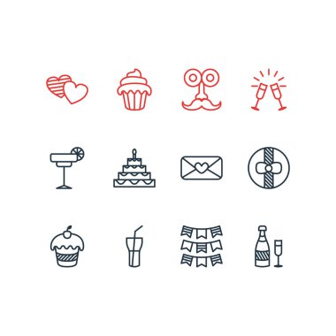 12 Ziyafet simgeler vektör Illustration. Kurabiye, Cupcake, alkolsüz içecek ve diğer öğeleri düzenlenebilir sürüsü.