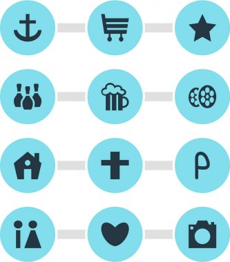 12 harita simgeler vektör Illustration. Bira bardağı, ev, alışveriş sepeti ve diğer öğeleri düzenlenebilir paketi.