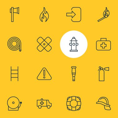 16 zorunluluk simgeler vektör Illustration. Kask, Hosepipe, cankurtaran ve diğer öğeleri düzenlenebilir paketi.