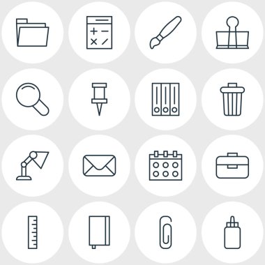 16 Kırtasiye simge vektör Illustration. Boya, yapıştırıcı, Çöp konteyner ve diğer öğeleri düzenlenebilir paketi.