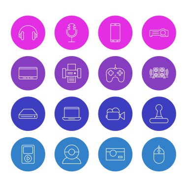 16 Aksesuar simgeler vektör Illustration. Düzenlenebilir paket Joypad, ışıldak, monitör ve diğer öğeleri.