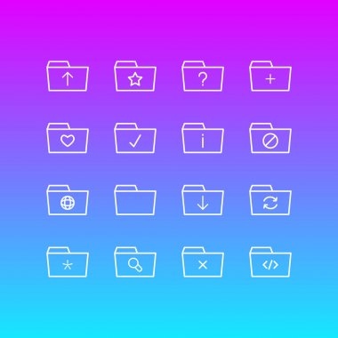 16 belge simgeler vektör Illustration. Düzenlenebilir bitmiş, Büyüteç, paketi göndermek ve diğer öğeleri.