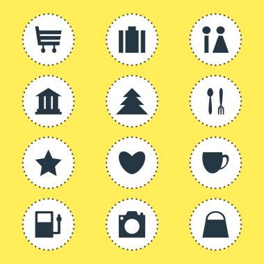 12 harita simgeler vektör Illustration. Yer işareti, fotoğraf aygıt, evrak ve diğer öğeleri düzenlenebilir paketi.