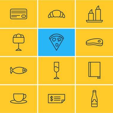 12 yeme simgeler vektör Illustration. Çay, deniz ürünleri, yangın balmumu ve diğer öğeleri düzenlenebilir paketi.