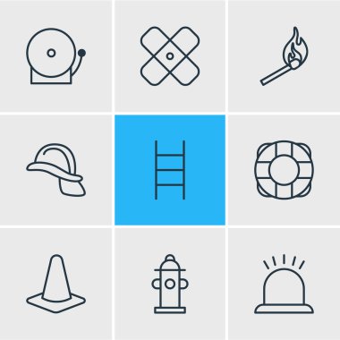 9 acil simgeler vektör Illustration. Hayatımı kurtardın, yangın, su ve diğer öğeler düzenlenebilir paketi.