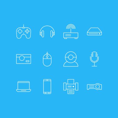 12 teknoloji simgeler vektör Illustration. Işıldak, imleç denetleyicisi, bilgisayar ve diğer öğeleri düzenlenebilir paketi.
