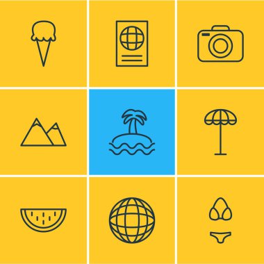 9 Sezon simgeler vektör Illustration. Sertifika, şemsiye, fotoğraf cihazları ve diğer öğeleri düzenlenebilir paketi.