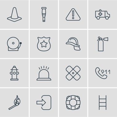 16 acil simgeler vektör Illustration. Hayatımı kurtardın, Spike, yapıştırıcı ve diğer öğeleri düzenlenebilir paketi.