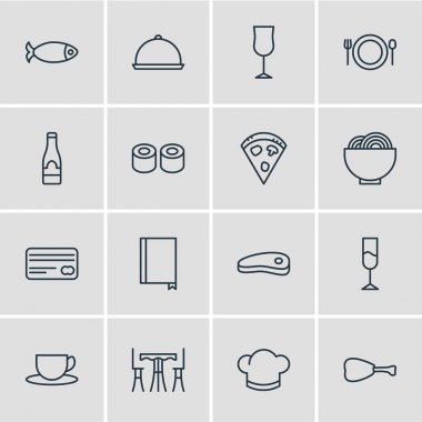 16 Cafe simgeler vektör Illustration. Şapka, tepsi, deniz ürünleri ve diğer öğeleri düzenlenebilir paketi.
