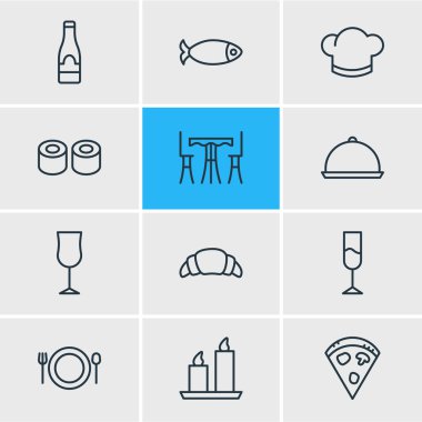 12 yeme simgeler vektör Illustration. Pepperoni, deniz ürünleri, gıda ve diğer öğeleri düzenlenebilir paketi.