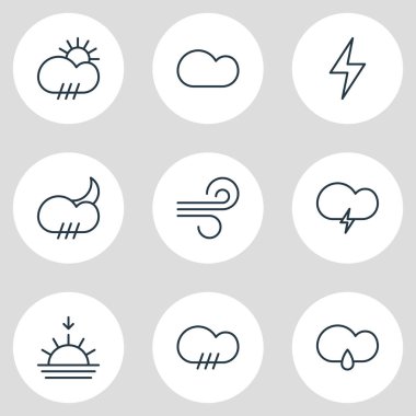 9 atmosfer simgeler vektör Illustration. Sunrise, şimşek, yağmur ve diğer öğeleri düzenlenebilir paketi.