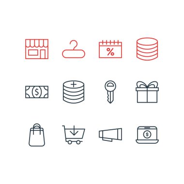 12 Ticaret simgeler vektör Illustration. Para, raf, nota anahtarı ve diğer öğeleri düzenlenebilir paketi.