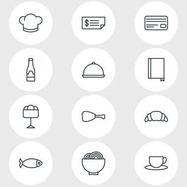 12 Restoran simgeler vektör Illustration. Kitap, kase, tatlı ve diğer öğeleri düzenlenebilir paketi.