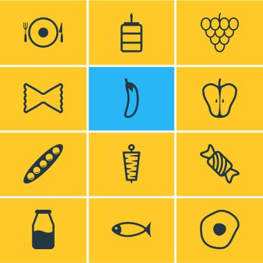12 yemek simgeler vektör Illustration. Düzenlenebilir paket makarna, deniz ürünleri, döner ve diğer öğeleri.