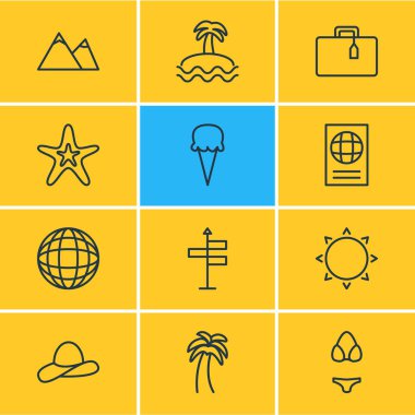 12 yaz simgeler vektör Illustration. Balık, bavul, ada öğelerin düzenlenebilir paketi.