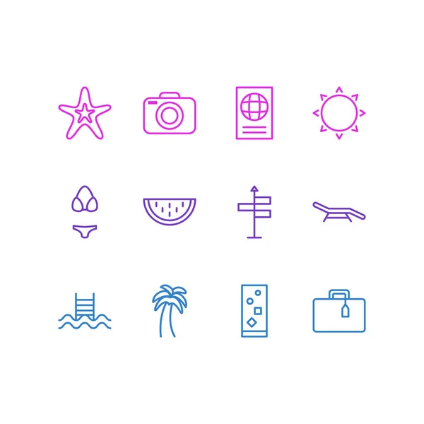 Illustrazione vettoriale di 12 icone estive. Pacchetto modificabile di pesce, melone, guida e altri elementi . — Vettoriale Stock