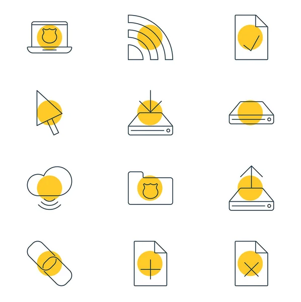 Vektorillustration von 12 Netzwerksymbolen. editierbares Paket mit angekreuzten Notizen, drahtlosem Netzwerk, HDD-Sync und anderen Elementen. — Stockvektor