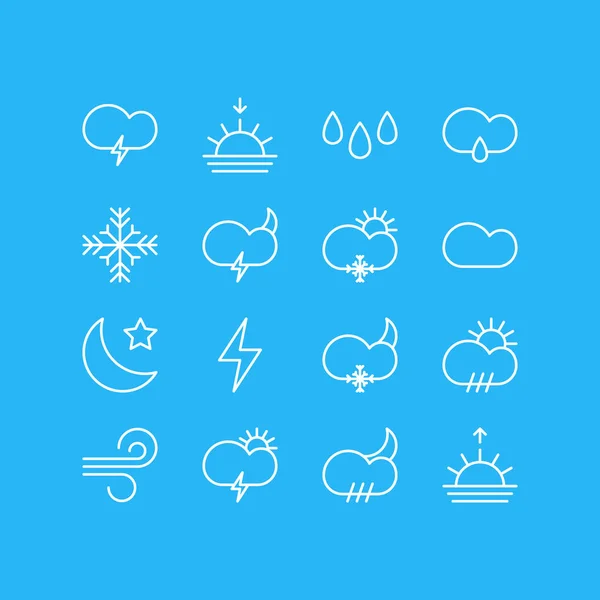 Ilustração vetorial de 16 ícones meteorológicos. Pacote editável de Sunny, Relâmpago, Drizzles e outros elementos . — Vetor de Stock