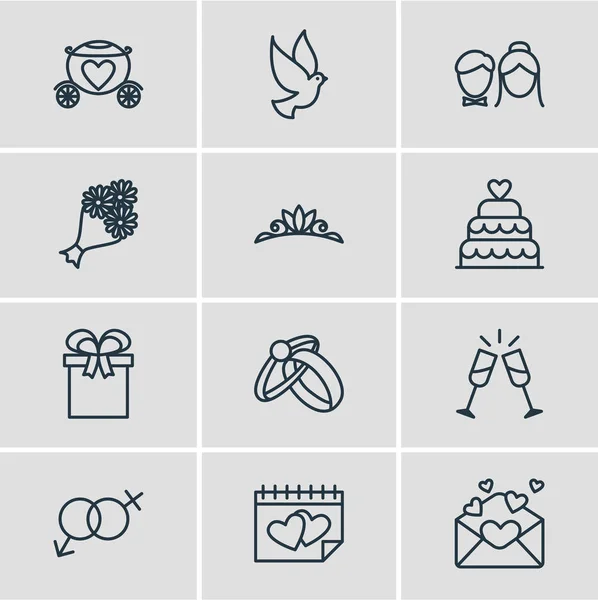 Ilustración vectorial de 12 iconos matrimoniales. Paquete editable de Wineglass, símbolo de la sexualidad, tarjeta y otros elementos . — Archivo Imágenes Vectoriales