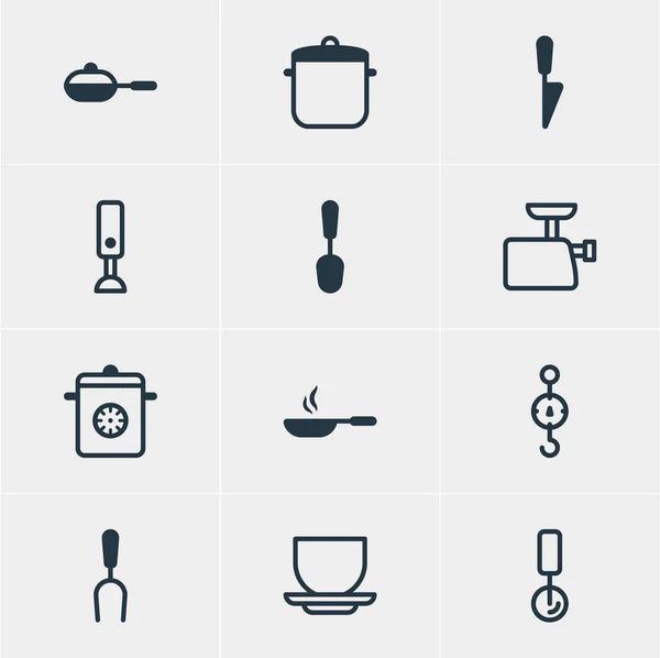 Vektorové ilustrace 12 ikon na vaření. Upravitelné Pack grilování Tool, Pan polévka, mlýnek na maso a dalších prvků. — Stockový vektor