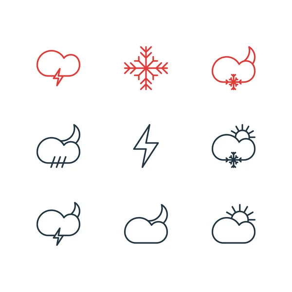 Vector Illustration Of 9 Weather Icons. Editable Pack Of Weather, Lightning, Snow And Other Elements. — Stock Vector