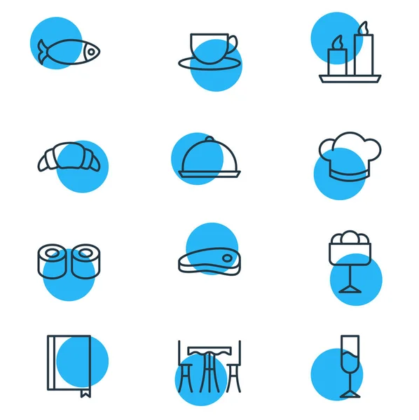 Ilustración vectorial de 12 iconos de restaurantes. Paquete editable de sombrero, domingo, rollo japonés y otros elementos . — Archivo Imágenes Vectoriales