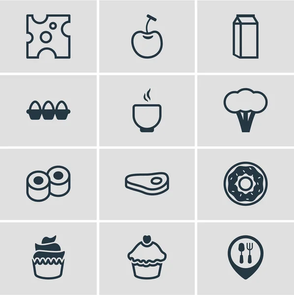 Ilustración vectorial de 12 iconos de la comida. Pack editable de Postres, Cheddar, Bowl y otros elementos . — Archivo Imágenes Vectoriales