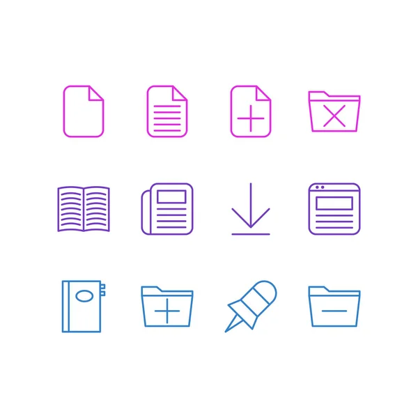 Vektorillustration von 12 Bürosymbolen. editierbares Paket aus Hinzufügen, Lehrbuch, Notiz und anderen Elementen. — Stockvektor
