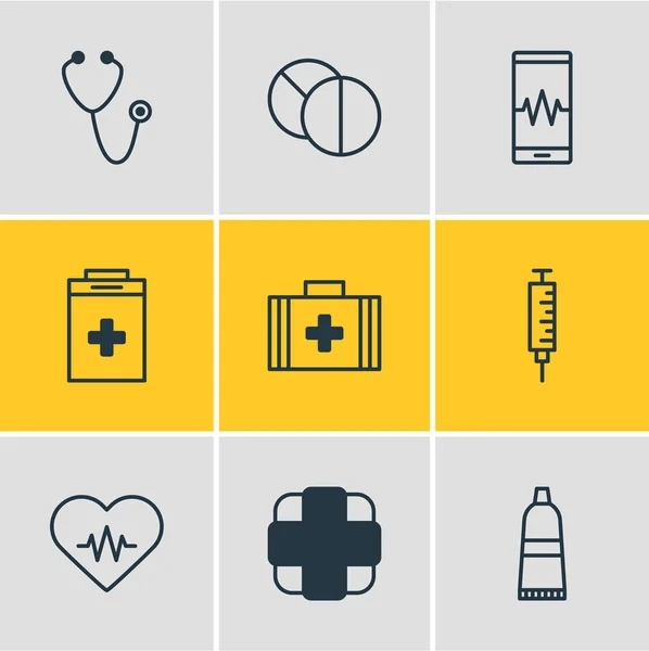 Vektorillustration av 9 medicinska ikoner. Redigerbara Pack av puls, av, Phone Monitor och andra element. — Stock vektor