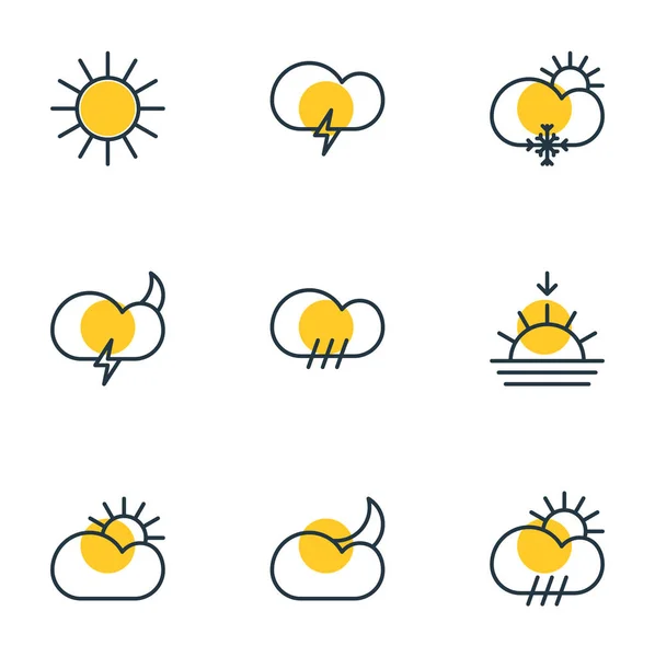 Vektorové ilustrace 9 atmosféru ikon. Upravit balíček fulminantní, slunečního záření, počasí a jiné prvky. — Stockový vektor
