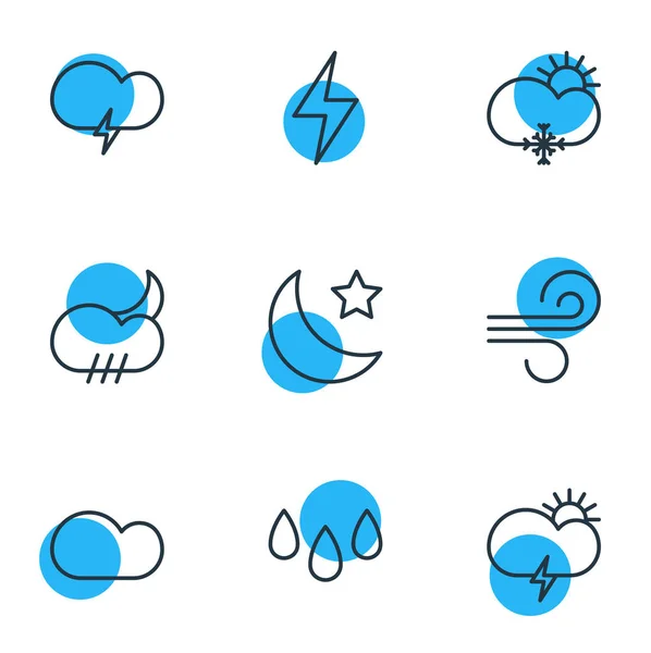 Ilustración vectorial de 9 iconos meteorológicos. Paquete editable de media luna, brisa, nube y otros elementos . — Archivo Imágenes Vectoriales