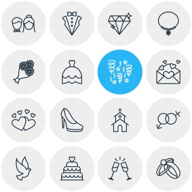 16 düğün simgeler vektör Illustration. Nişan, kart, gelinlik ve diğer öğeleri düzenlenebilir paketi.