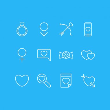12 Amour simgeler vektör Illustration. Düzenlenebilir paket Smartphone, Büyüteç, Sevgililer ve diğer öğeleri.