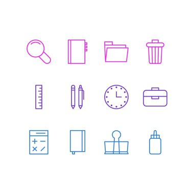 12 araçları simgeler vektör Illustration. Düzenlenebilir paket metre, defterini, yakınlaştırma ve diğer öğeleri.