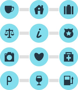 12 seyahat simgeler vektör Illustration. Otopark, kalp, fotoğraf aygıt ve diğer öğeleri düzenlenebilir sürüsü.