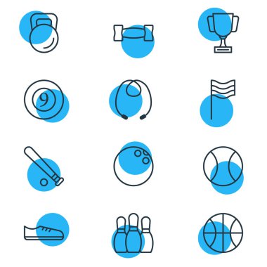 12 atletik simgeler vektör Illustration. Bovling, atlama ipi, tenis ve diğer öğeleri düzenlenebilir paketi.