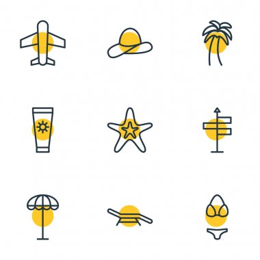 9 Sezon simgeler vektör Illustration. Cap, uçak, Anti-güneş kremi ve diğer öğeleri düzenlenebilir paketi.