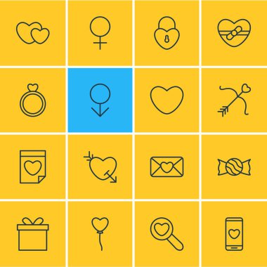 16 aşk simgeler vektör Illustration. Ok, Hediyelik, ruh ve diğer öğeleri düzenlenebilir paketi.