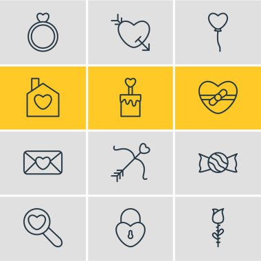 12 Amour simgeler vektör Illustration. Kilit, mum, ok öğelerin düzenlenebilir paketi.