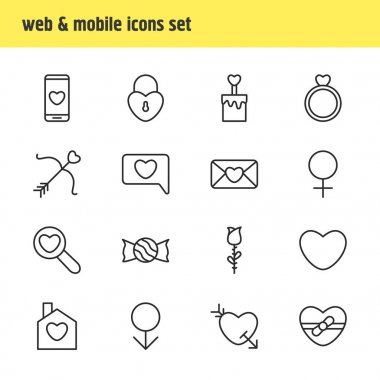 16 Amour simgeler vektör Illustration. Düzenlenebilir Pack, Messenger, Büyüteç, hediye ve diğer öğeleri.