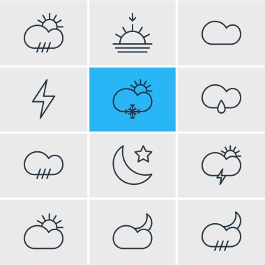 12 gökyüzü simgeler vektör Illustration. Yağmur, yağmur, hilal ve diğer öğeleri düzenlenebilir paketi.