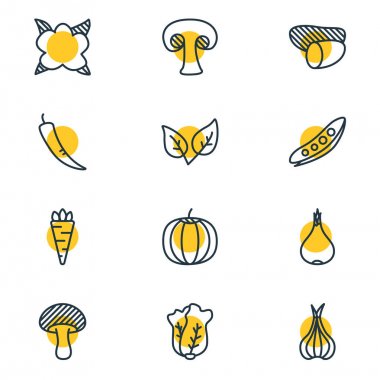 12 gıda simgeler vektör Illustration. Baklagil, yumru, kırmızı biber ve diğer öğeleri düzenlenebilir paketi.