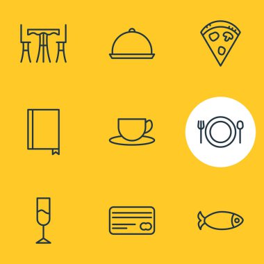 9 yemek simgeler vektör Illustration. Tepsi, deniz ürünleri, biberli ve diğer öğeleri düzenlenebilir paketi.