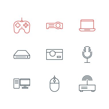 9 Aksesuar simgeler vektör Illustration. Düzenlenebilir paket Fotoğrafçılık, Joypad, Modem ve diğer öğeleri.