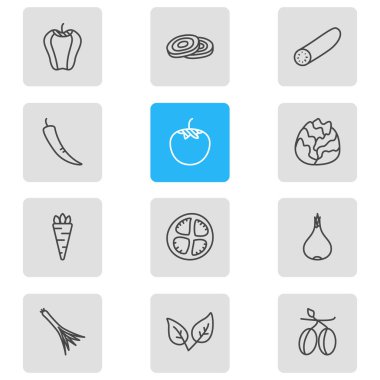 12 gıda simgeler vektör Illustration. Düzenlenebilir paket nane, domates dilim, daireler ve diğer öğeleri.