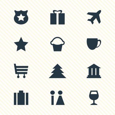 12 harita simgeler vektör Illustration. Orman, alışveriş sepeti, yer imi ve diğer öğeleri düzenlenebilir sürüsü.